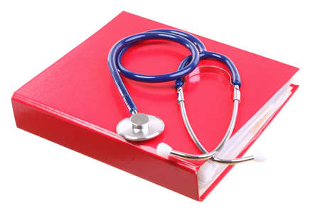 Blue stethoscope healthcare, instrument, isolated on white, red file folder, binderの写真素材