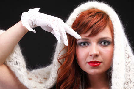 lovely redhead - white glove warm scarf Young beautiful red haired woman blue eyeの写真素材