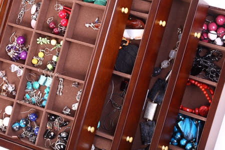 brown decor trunk with jewellery background textureの写真素材