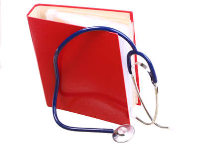 Blue stethoscope healthcare, instrument, isolated on white, red file folder, binderの写真素材