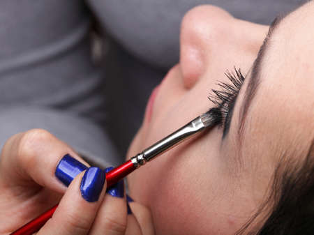 Woman applying eyeshadow using professional makeup brushの写真素材