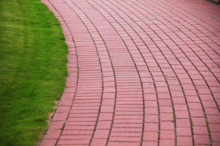 Garden stone path with grass growing up between and around stones, Brick Sidewalkの写真素材