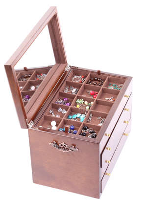 trunk with jewellery, isolated over white backgroundの写真素材