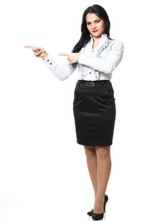 woman show demonstrate smiling modern business woman presenting something on empty hand isolated on whiteの写真素材