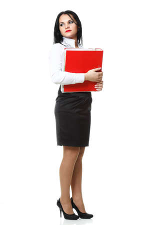 woman with red folder for documents on white backgroundの写真素材