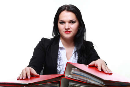 beautiful woman with folders isoalted on whiteの写真素材