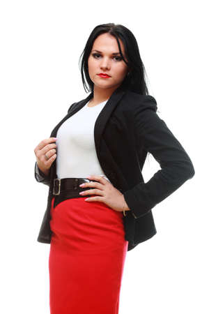 portrait of smiling modern business woman in red dressの写真素材