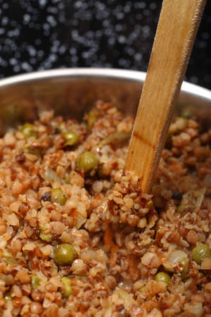 Buckwheat cereal background texture in pan の写真素材