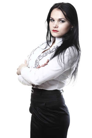 beautiful woman with long hair posing isolated on whiteの写真素材