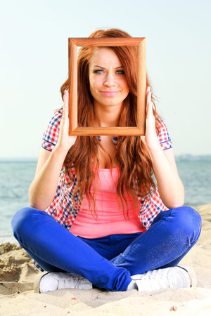 Woman sea sky vacation Holding Frame travel concept