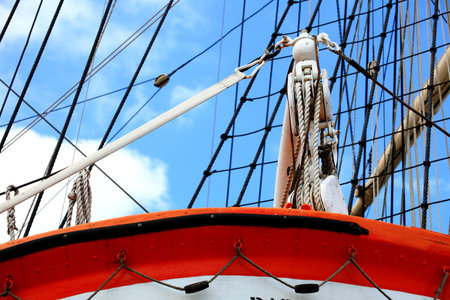 Masts and rope of sailing ship old boat detailの写真素材