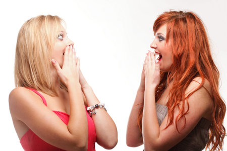 two happy young girlfriends blond and ginger talking white background - society gossip, rumor,...