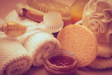 Beauty relaxation and body care. Closeup spa products on wooden table.の写真素材