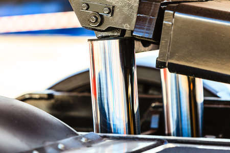 Close up of machine new piston hydraulic system of a crane industrial detailの写真素材