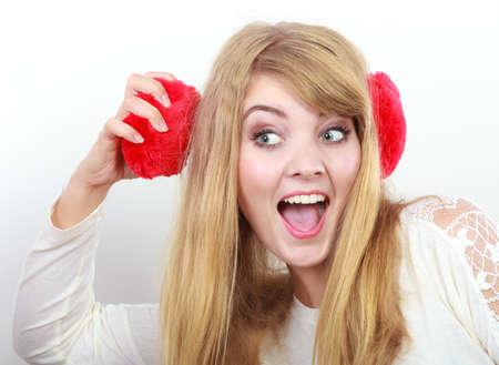 Happy gossip girl woman listening to secret rumors.の写真素材