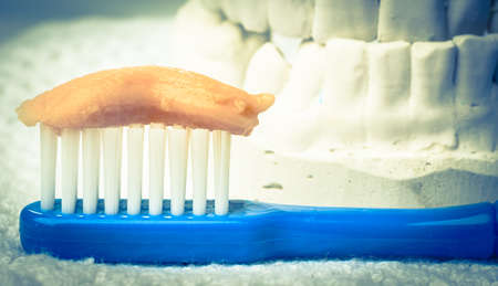 Oral hygiene health concept. Closeup toothbrush with paste in dental gypsum model plasterの写真素材