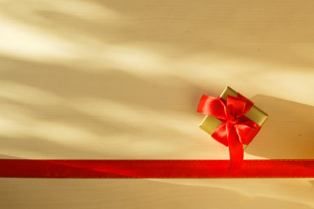 Holidays, present concept. Small golden box with gift tied decorative bow and red ribbon frame