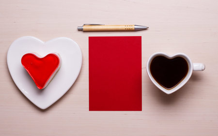 Coffee cup jelly cake in form of heart and red paper blank with pen on wooden surface, top view copy...