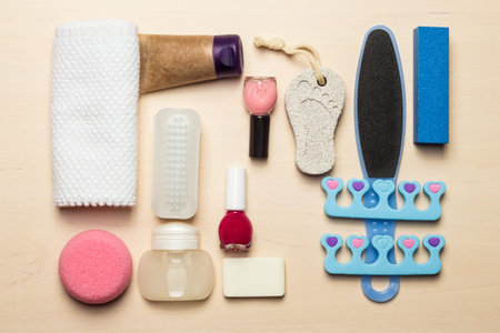 Foot care. Pedicure accessories set tools top view