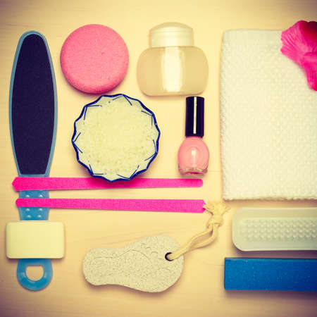 Foot care. Pedicure accessories set tools top viewの写真素材