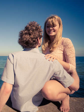 Happiness dating concept. Couple in love blonde woman handsome bearded man enjoy romantic date, outdoorの写真素材