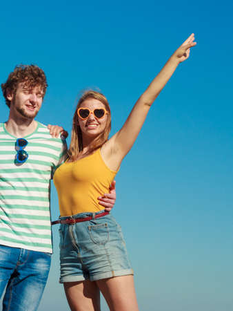 Happiness dating concept. Couple in love blonde woman handsome bearded man enjoy romantic date, outdoorの写真素材