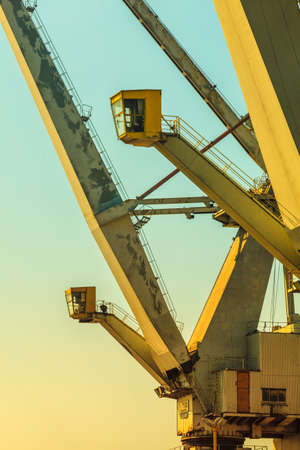 Business and commerce. Heavy load dockside cranes in port, cargo container yard. Industrial sceneの写真素材