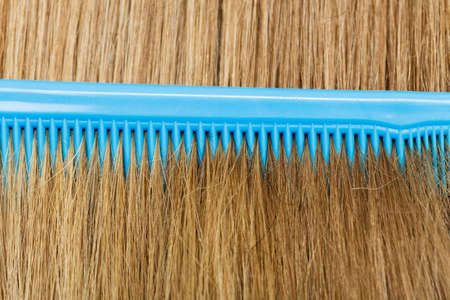 Combing and brushing concept. Routine everyday hygiene. Close up of detail blue comb in blonde smoothy healthy female hair.の写真素材