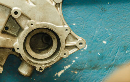 Mechanical automotive fixing engineering industry concept. Car joints in workshop. Vehicle elements disassembled to be repaired.の写真素材