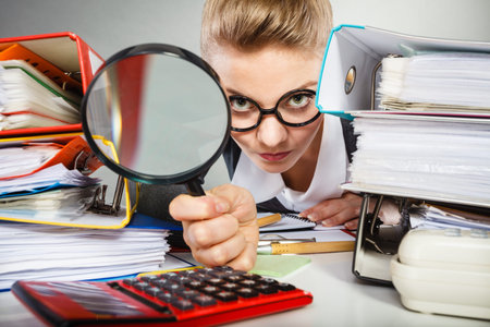 Attention paperwork corporate details workaholism concept. Crazy office lady at desk. Workaholic...