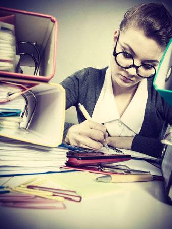 Accounting finances administration job cocnetp. Busy clerk during work. Young secretary performing...