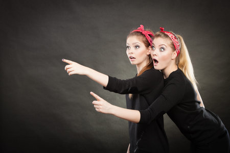 Information and messages. Two blonde pin up retro style women showing something interesting by their...