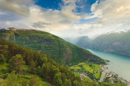 Tourism and travel. Scenic nature landscape. View of the picturesque Aurland valley and fjords from Stegastein viewpoint, Norway Scandinavia.の写真素材