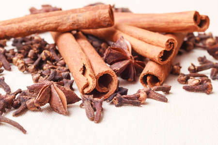 Spices for christmas cakes cinnamon sticks anise stars and cloves on burlap backgroundの写真素材
