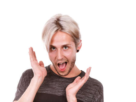 Concept of joy. Happy joyful young man, stylish bearded male smiling laughing, isolated on whiteの写真素材