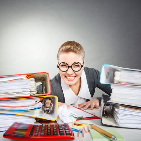 Workaholism mental insanity weird job work company concept. Insane office woman at work. Mad...