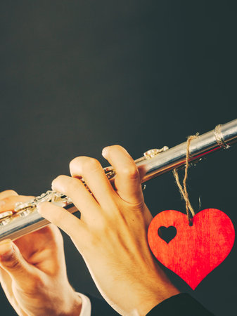 Valentines day love melody concept. Flute music playing man flutist musician performer. Male hands...