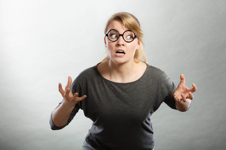 Psychology frustration emotions feelings concept. Furious woman yelling. Nedry girl angered...