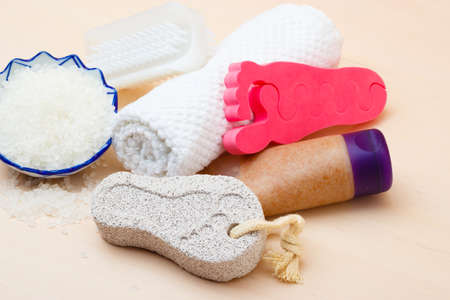 Foot nails care and cosmetics. Pedicure accessories set tools close upの写真素材