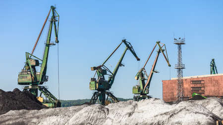 Industry equipment technology cargo commerce transport concept. Cranes in morning harbour. Industrial machines working in port facility. の写真素材
