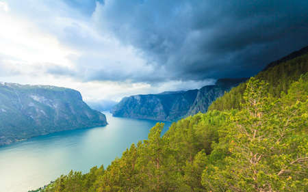 Tourism and travel. Scenic nature landscape. View to picturesque Aurlandfjord and Sognefjord from Stegastein viewpoint, Norway Scandinavia.の写真素材