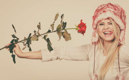 Accessories and clothes for cold days, fashion, romantic gestures concept. Woman in winter furry hat holding red roseの写真素材