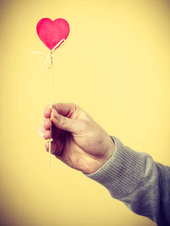 Valentines Day. Male hand holding showing red little heart on stick. Man presents palm with love sign symbol.の写真素材