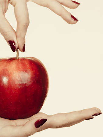Fruits, food, source of vitamins, good healthy nutrition concept. Woman hand holding delicious red appleの写真素材