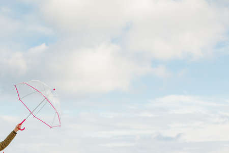Weather, rain protection concept. Woman hand holding transparent umbrella, sunny day and clear blue skyの写真素材