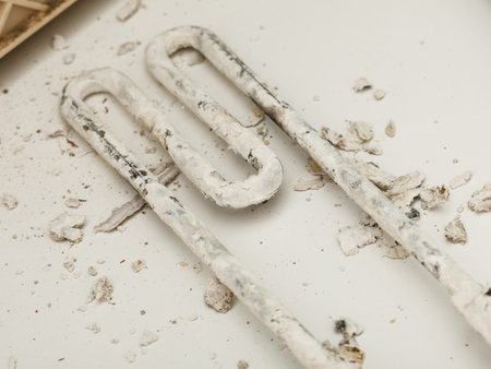 Mechanical technology repair housework concept. Heater covered in sediment. Internal laundry machine part broken.の写真素材