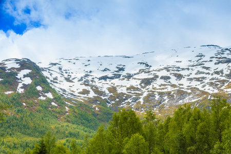 Tourism vacation and travel. Mountains landscape at summer and snowcapped mountain tops in the background, Norway, Scandinavia.の写真素材