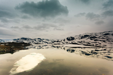 Norway hiking area, scenic mountains landscape, hills and frozen lake