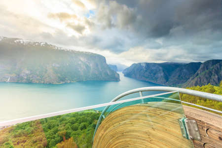 Tourism and travel. Scenic view of the Aurland fjord landscape from Stegastein lookout, Norway Scandinavia.の写真素材