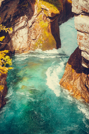 Tourist attraction in Norway, Europe. Gudbrandsjuvet waterfalls located in the Valldalen valley,...